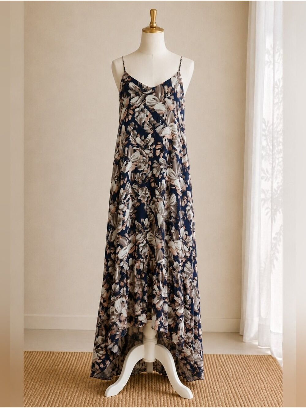 LOVE SADIE FLORAL HIGH LOW MAXI DRESS MEDIUM NAVY BROWN ADJUSTABLE STRAPS BOHO